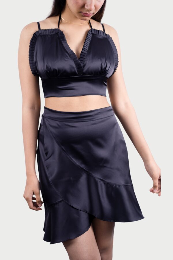 Black Ruffle Mini Satin Skirt - Image 2